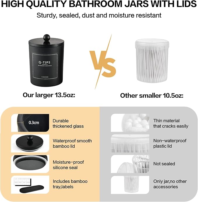 3 Pack Qtip Holder Bathroom Set,Cotton Ball Swab Pad Holder Cotton Round Floss Pick Dispenser with Tray,Glass Apothecary Jars with Lids,Bathroom Organizers and Storage Canisters-Black