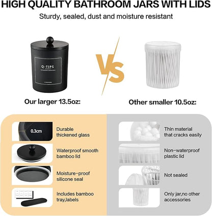 3 Pack Qtip Holder Bathroom Set,Cotton Ball Swab Pad Holder Cotton Round Floss Pick Dispenser with Tray,Glass Apothecary Jars with Lids,Bathroom Organizers and Storage Canisters-Black