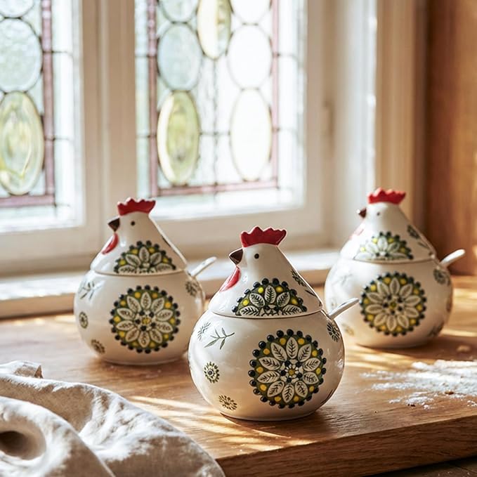 Ceramic Salt Cellar with Lid and Spoon, 13 oz Large Chicken Salt Jar, Chicken Sugar Containers for Countertop, Decorative Kitchen Holder for Coffee, Pepper, Seasonings, Spices, Candy(Green)