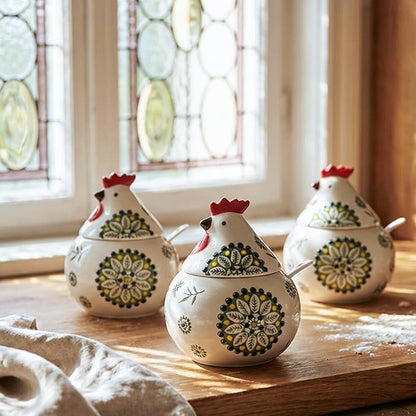 Ceramic Salt Cellar with Lid and Spoon, 13 oz Large Chicken Salt Jar, Chicken Sugar Containers for Countertop, Decorative Kitchen Holder for Coffee, Pepper, Seasonings, Spices, Candy(Green)