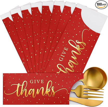 Eaasty 100 Pcs Thanksgiving Utensil Holder, Gold Foil Give Thanks Silverware Bag Disposable Silverware Sleeves Cutlery Holder for Thanksgiving Table Decoration Fall Harvest Party Supplies(Dark Red)