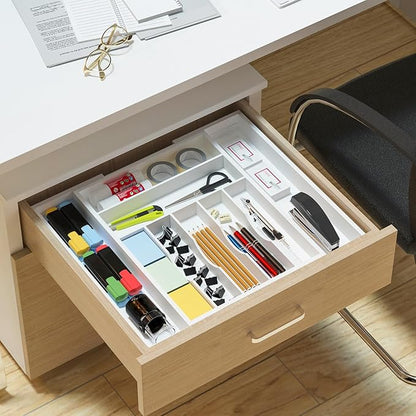 Utensil Organizer Silverware Drawer Organizer - Adjustable Utensil Tray Bamboo Silverware Divider with Groove for Kitchen Flatware, Hair Accessories, Repair Tools, Art Set W13.5"-19.9" x L17.6"(White)