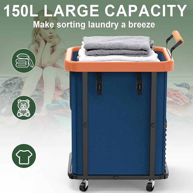 150L (40 Gal) Extra Large Fashion Laundry Basket with Wheels, Rolling Basket Hamper with Handle, Organizer Storage Cart with Sturdy Metal Frame for Laundry Room - Dark Blue