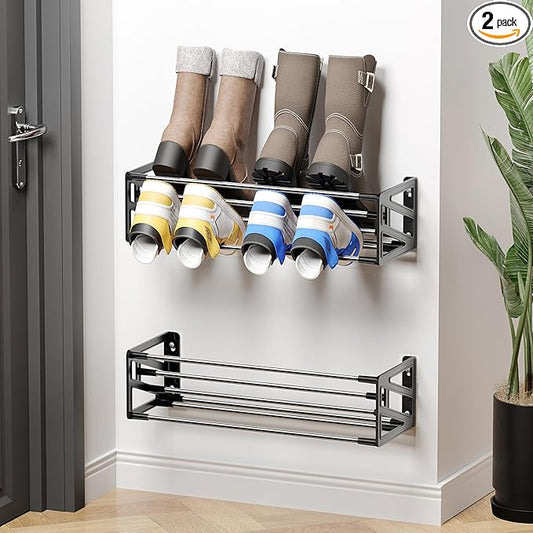 2 Pack Wall Shoe Rack,Hanging Shoe Storage Holds 8 Pairs of Shoes Over The Door Wall Mounted Shoe Organizer Space Saving for RV Closet Camper Black