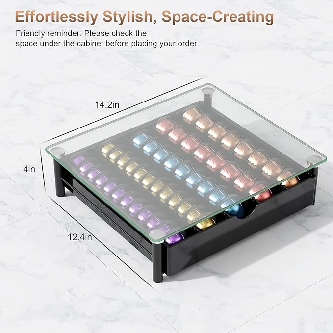 Coffee Pod Drawer Organizer with Tempered Glass Lid (Transparent Glass)