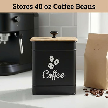 Airtight Coffee Canister - 40 oz Large Iron Black Coffee Container Airtight - 6 x 8 inch Metal Jar - Stylish Countertop Container for Coffee Grounds, Beans, Pods & More with Rubber-Lined Bamboo Lid