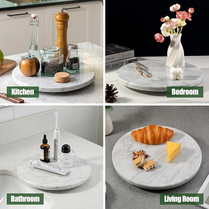 12" Marble Lazy Susan Turntable - 100% Natural Stone Round Serving Tray with Silent Spinning, Revolving Cake Stand & Cheese Board for Kitchen Countertop, Cupcake Table Display, Food, Seasoning (White)