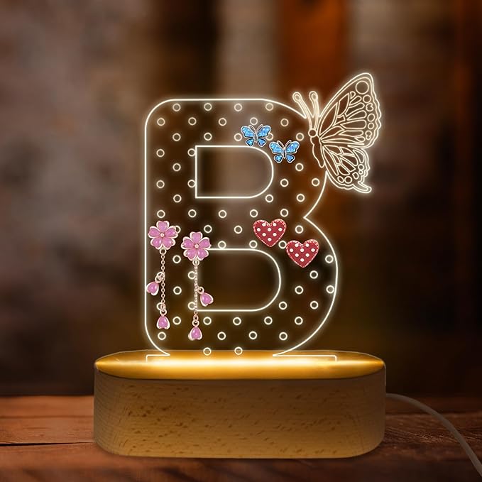 COSHAYSOO Stud Earring Holder Organizer Initial Acrylic with Butterfly LED Decoration Women Teacher Nurse Doctor Appreciation Birthday Gift Ideas, Flat Back Pearl Heart Earrings Display Rack Letter B
