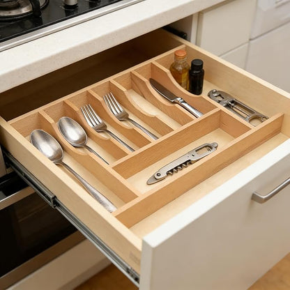 Silverware Drawer Organizer - Trim-to-Fit with Adjustable Dividers for Kitchen Utensil Storage, Beech Wood Frame with 11 Sizes (18.63" W x 22" D)