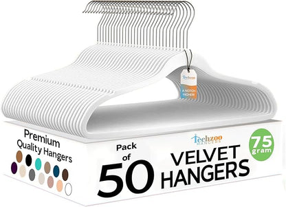 Techzoo Premium Velvet Hangers 50 Pack Ultra Thin Non Slip Adult Felt Space Saving Slim Suit Hanger for Closet Heavy Duty Coat Pants Jackets Dress Hangers 360° Swivel Hook Hold Upto 10 lbs White