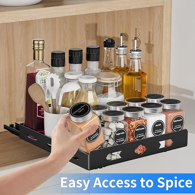 BOIVSHI Pull Out Spice Rack Organizer for Cabinet, Heavy Duty Spice Organizer, Vertical Spice Rack Organizer for Kitchen, Cabinet, Pantry (10.5''Wx10.5''Dx2.8''H, Metal Black)