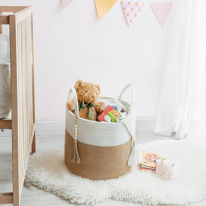 Mkono Woven Storage Basket Decorative Rope Basket Wooden Bead Decoration for Blankets,Toys,Clothes,Shoes,Plant Organizer Bin with Handles Living Room Home Decor, 11" W × 11" L, Cream White and Brown