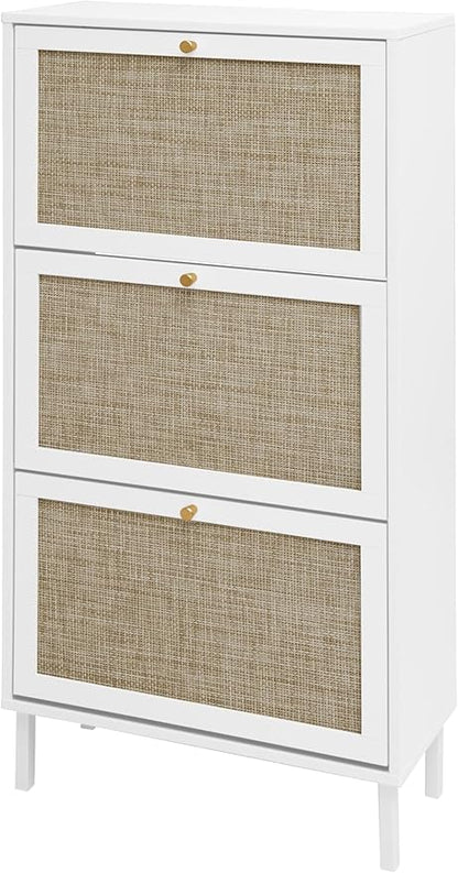 ZeHuoGe Rattan Shoe Cabinet with 3 Flip Drawers, White Narrow Shoe Rack Storage Cabinet with Metal Legs for Heels, Slippers, Entrance Hallway Entryway (White)