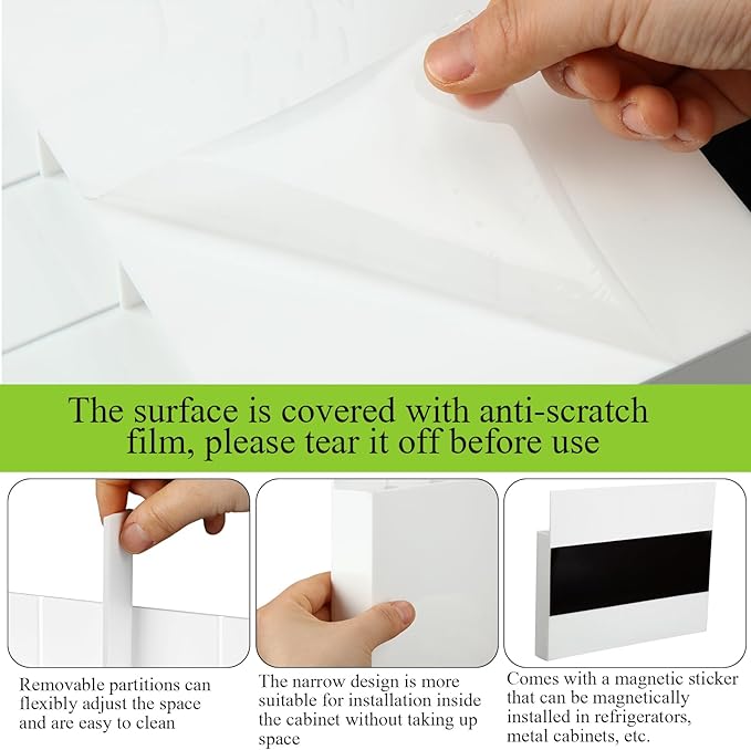 Honeydak Magnetic Acrylic Straw Holder for Cabinet Door with Adhesive Tapes and 5 Removable Partitions, Reusable Straw Organizer Storage Space-saving for Cabinet Door Fridge Kitchen(White,9.8 Inch)