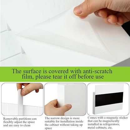 Honeydak Magnetic Acrylic Straw Holder for Cabinet Door with Adhesive Tapes and 5 Removable Partitions, Reusable Straw Organizer Storage Space-saving for Cabinet Door Fridge Kitchen(White,9.8 Inch)