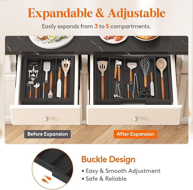 Lifewit Utensil Organizer for Kitchen Drawer, Expandable Cooking Utensil Tray, Cutlery Silverware Flatware Holder, Wood Adjustable Spatula Tools Storage Divider, 13-22x15/ 33-56x38cm, Black