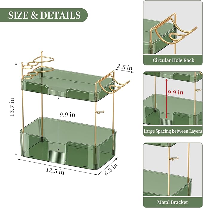 Bathroom Counter Organizer for Vanity, Makeup Organizer Countertop with Holder, Large Capacity Storage Rack, Perfect Large Skincare, Hair Care, Perfume, Easy to Install (Green, 2Tiers)