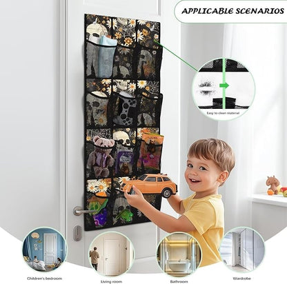 Skull Flowers 12-Pocket Over Door Hanging Shelves - Adjustable Compartments for Spices, Snacks, Cosmetics - Easy No-Tools Assembly