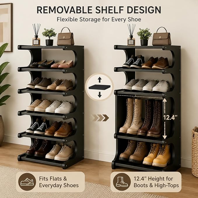 39" Bamboo Shoe Rack - Vertical Shoe Organizer Rack for Small Space, Narrow Shoe Tower for Closet, Entryway, Corner, Tall Shoe Shelf with Removable Shelves, Flexible Storage Shelf for Saving Space