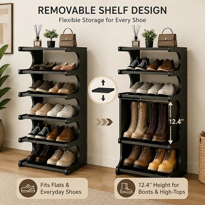 39" Bamboo Shoe Rack - Vertical Shoe Organizer Rack for Small Space, Narrow Shoe Tower for Closet, Entryway, Corner, Tall Shoe Shelf with Removable Shelves, Flexible Storage Shelf for Saving Space