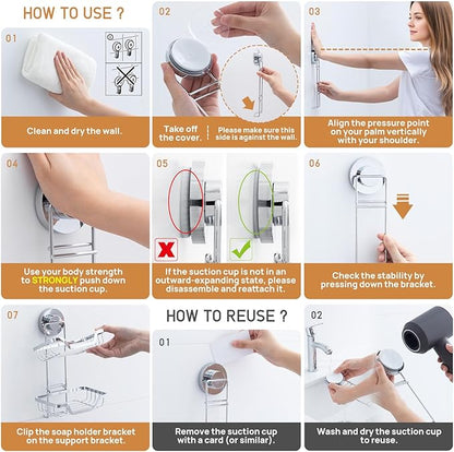 LEVERLOC Double Layer Soap Dish, Bar Soap Holder for Shower Wall, Vaccum Suction Cup Sponge Holder for Bathroom Tub Kitchen Sink, Stainless Steel, Waterproof, Removable, Silver