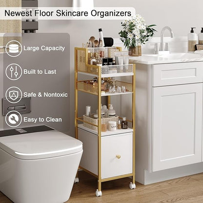 Makeup Organizer Storage Cart with Drawers, Large Floor Makeup Skincare Organizers, Rolling Makeup Cart Vanity Organizer Cosmetics Display Cases Holder for Nail Polish Brush Hair Tool（Gold）