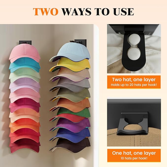 YOUDENOVA Hat Organizer for Baseball Caps, 2 Pack Hat Rack for Wall Hold up to 40 Hats, Adhesive Hat Storage Display for Wall and Closet Doors, Black
