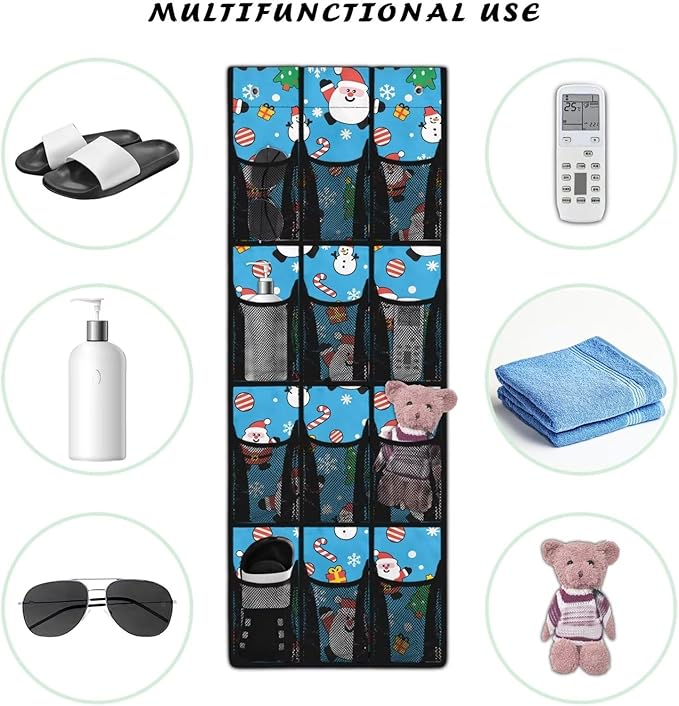 Candy Santa Claus Behind Door Organizer for Dorm Room Essentials Merry Christmas Over The Door Organizer Multi-Funtion Storage Bag Wall Hanging Storage,4 Metal Hook with 12 Pockets