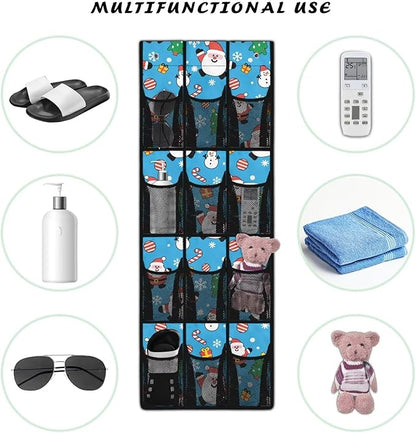 Candy Santa Claus Behind Door Organizer for Dorm Room Essentials Merry Christmas Over The Door Organizer Multi-Funtion Storage Bag Wall Hanging Storage,4 Metal Hook with 12 Pockets