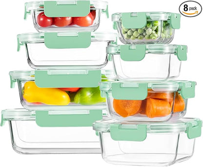 HOMBERKING 8 Pack Glass Food Storage Containers with Lids, Meal Prep Containers, Airtight Bento Boxes with Leak Proof Locking for Microwave, Oven, Freezer and Dishwasher, BPA Free, 5-35oz, light blue