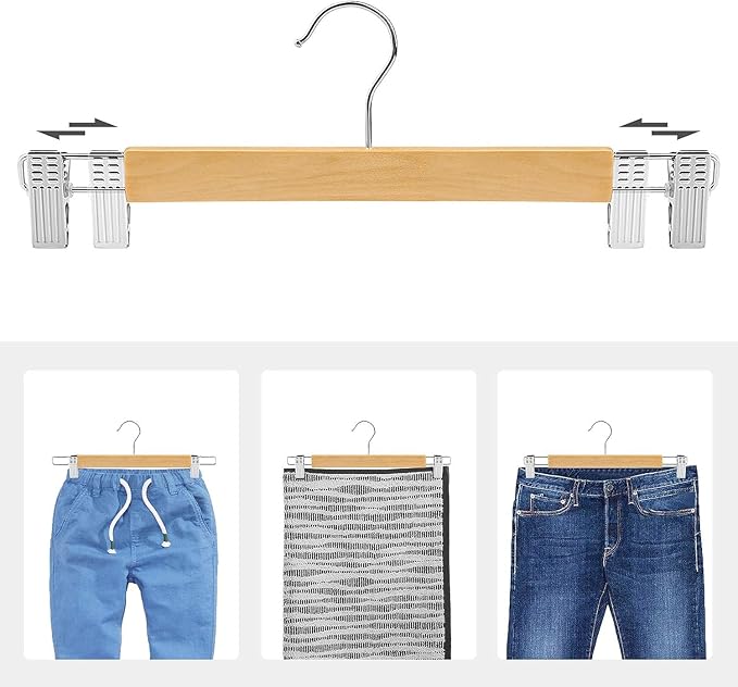 Wood Pants Skirts Hangers Wooden Trousers Bottom Hanger with 2-Adjustable Clips, Clip Hangers for Slacks, Jeans, Shorts, Space-Saving Design, Closet Essentials (Beige, 20)