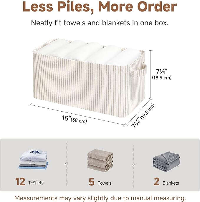 StorageWorks Narrow Storage Bins, Small Basket for Closet and Shelves, Rectangular Fabric Organizer with Handles, Toilet Paper Storage, Khaki and Beige Stripes, 2-Pack