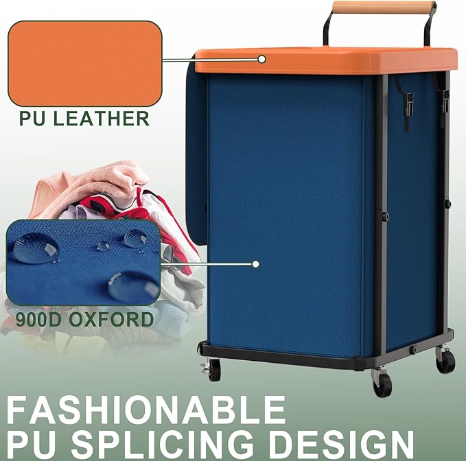 150L (40 Gal) Extra Large Fashion Laundry Basket with Wheels, Rolling Basket Hamper with Handle, Organizer Storage Cart with Sturdy Metal Frame for Laundry Room - Dark Blue