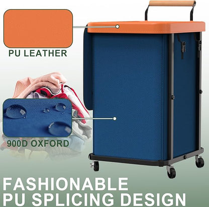 150L (40 Gal) Extra Large Fashion Laundry Basket with Wheels, Rolling Basket Hamper with Handle, Organizer Storage Cart with Sturdy Metal Frame for Laundry Room - Dark Blue