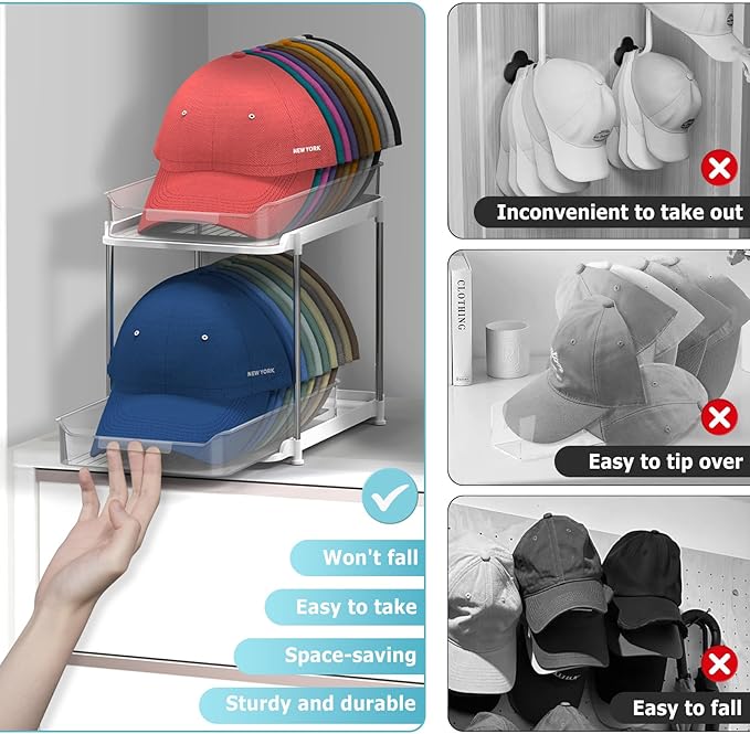 Gomyrod Hat Rack for Baseball Caps, 2-Tier Clear Hat Organizer for Closet Space Saving Hat Storage Holds up to 20 Caps, Pull-Out Cabinet Organiser with Track for Closet & Bedroom
