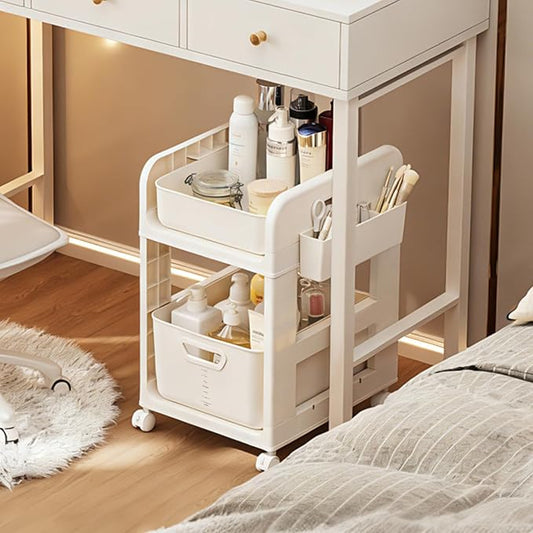 Rolling Makeup Organizer Cart with Removable Drawer, 2 Tier Stable White Floor Skincare Storage Cart for Vanity, Cosmetic Display, Nail Polish, Perfume, Hair Stuff, Beauty, Bathroom (2 Tier White)