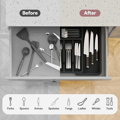 ABHENG Silverware Organizer, Expandable and Adjustable Kitchen Utensil Drawer Organizer, Plastic Cutlery Holder with Multiple Compartments, Cutlery Holder,for Spoons Forks Knives, Black, UAFD011B
