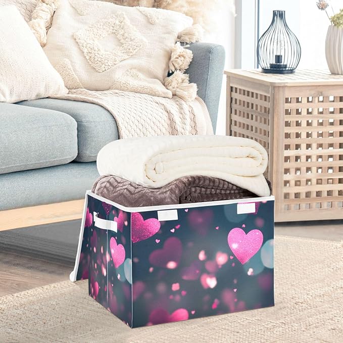 senya Valentines Baskets Collapsible Storage Bins with Lids, Love Hearts Romantic Storage Boxes Clothes Baskets for Organizing