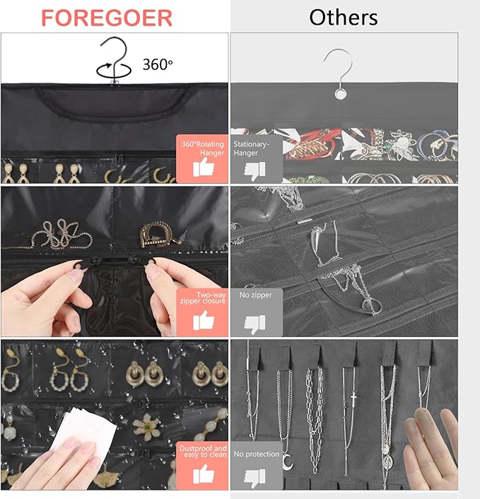 FOREGOER Hanging Jewelry Organizer with 88 Zippered Pockets, Dustproof Foldable for Travel, Accessories Organizer for Holding Jewelries, Earring Organizers and Storage (Black)
