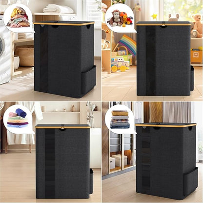 BlissTotes Laundry Basket with Lid, 150L Clothes Laundry Hamper with Handles and 2 Removable Laundry Bag, Breathable Design Hamper with Lid for Bedroom, Bathroom, Dorm, Laundry Room - Dark Grey