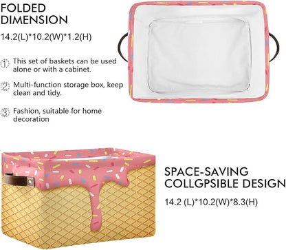 Kigai Ice Cream Cone Storage Basket Collapsible Rectangle Storage Bin Shelves Basket Organizer with Leather Handle for Closet, Office, Nursery, Home Decor