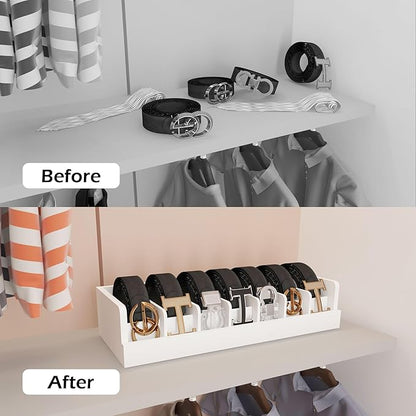 Bamboo Belt Storage Organizer Box - Belt Organizer for Closet | Wooden Belt Tie Hanger Racks for Men Women Drawer | Belt Display Holder Wall Mount with 2 Pcs Tie Clip (White, 2 7GRIDS)