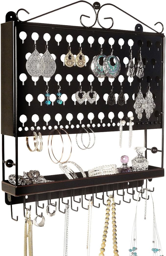 JR20-ORB Oil Rubbed Bronze Wall Mounted Organizer Necklace Holder Earring & Jewelry Display Rack with Tray