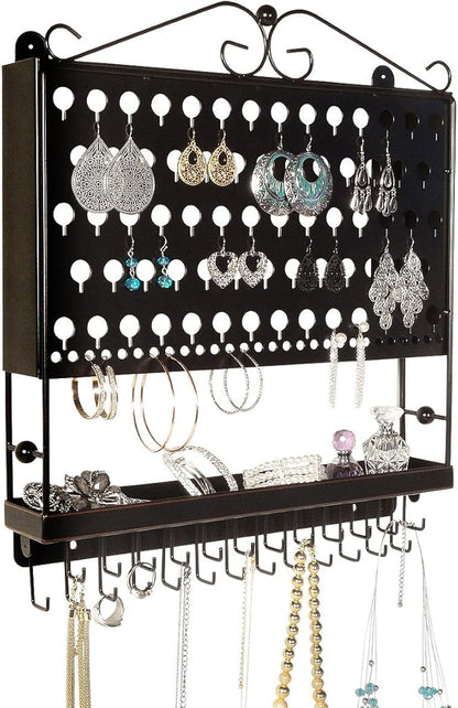 JR20-ORB Oil Rubbed Bronze Wall Mounted Organizer Necklace Holder Earring & Jewelry Display Rack with Tray
