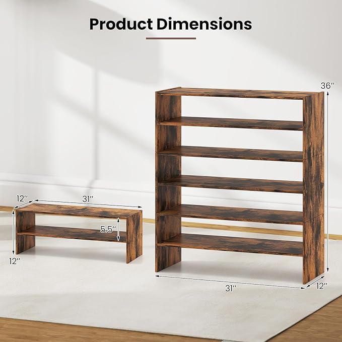 Giantex 3-in-1 Vertical Shoe Rack, 6-Tier Free Standing Shoe Storage Organizer w/Stackable Design for 18 Pairs, 31 Inch Wide Wood Shoe Shelf for Closet, Entryway, Living Room, Office, Brown