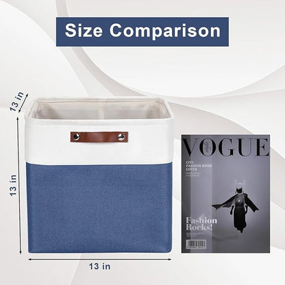 Bagnizer 13x13 Cube Storage Bins, Collapsible Fabric Storage Box, 4 Pack Closet Baskets with Handles for Organizing, Shelf, Toys, Clothes, Home, Office, Nursery (NavyBlue&White)