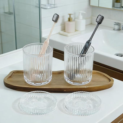 2 Pack Glass Container Qtip Holder with Lid, Mouthwash Cup,Cosmetic Storage for Bathroom,Glass Jars for Cotton Swabs,Makeup Pads,Dental Flossers,Jewelry Trays,Glass holders,Clear