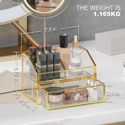 FSyueyun Makeup Organizer for Vanity, Clear Glass Drawer Organization and Storage Jewelry Display Case Gold Cosmetics Storage Lipstick Organizer Tray Perfumes for Bathroom Counter or Dresser
