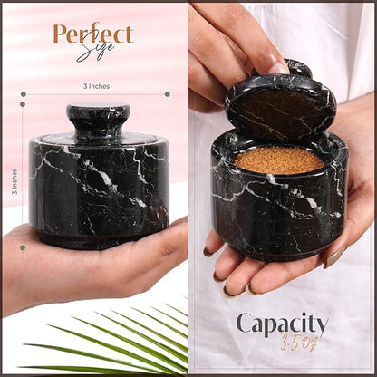 MARBLOUS KRAFTS Marble Salt Cellar 3" Inch Black Zebra Stone Salt Dish, Sugar, Seasoning Salt Containers for Countertop, Modern Salt Holder with Lid, Kitchen Spice Jar, Perfect Mother’s Day Gift