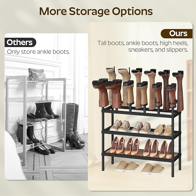 YATINEY Shoe and Boot Rack Organizer, Tall Boots Rack for Closet, Cowboy Shoes Storage, 4 Tier Shoe Racks Organizer Holds 14 Pairs, Black and Rustic Brown SS29BR